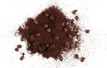 Pile of powdered, instant coffee and beans isolated on white background, top view
