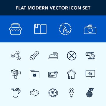 Modern, simple vector icon set with elegance, stop, equipment, photography, sword, sign, cancel, communication, lock, money, sky, frame, film, technology, air, blade, housework, medieval, knight icons