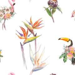 Silhouette tropic exotic animals birds flamingo and toucan in the jungle plant wallpaper. Seamless floral pattern from the composition of trendy pink flamingo and paradise bird flower hand drawn