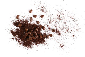 Pile of powdered, instant coffee and beans isolated on white background, top view