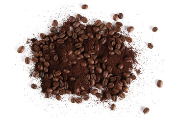 Pile of powdered, instant coffee and beans isolated on white background, top view