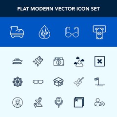 Modern, simple vector icon set with sea, tree, box, wheel, helm, mountain, glasses, yacht, nature, currency, movie, atm, beautiful, new, machine, nautical, screen, environment, bank, ocean, cash icons