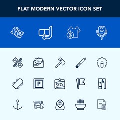 Modern, simple vector icon set with envelope, voice, transport, mail, karaoke, mobile, technology, microphone, vehicle, map, account, pencil, communication, travel, construction, road, extreme icons