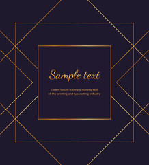 Geometric golden lines on the dark blue background. Modern minimalist luxury placard, frame design. Template for invitation, card, social media, wedding, baby shower, banner, poster, party, flyer