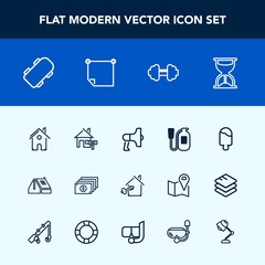 Modern, simple vector icon set with home, skater, cash, safety, message, key, cream, loudspeaker, finance, time, skateboard, office, timer, money, danger, rent, architecture, roof, exercise, ice icons