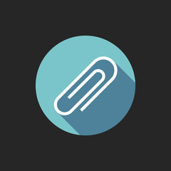 Elegant Universal White Minimalistic Thin Line Paperclip Icon with Shadows on Circular Color Button on Black Background 