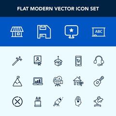 Modern, simple vector icon set with sky, wizard, magician, screen, nature, chalkboard, blue, computer, box, new, landscape, package, retro, estate, unpacking, book, blackboard, magic, chart, app icons
