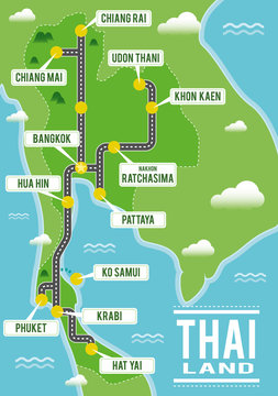 Cartoon vector map of Thailand. Travel illustration with thai main cities.