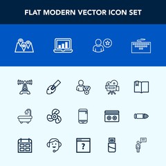 Modern, simple vector icon set with movie, screen, bathroom, equipment, location, fan, keyboard, chart, business, electric, air, travel, laptop, communication, interior, modern, online, tripod icons