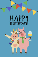 Funny birthday greeting card with animals