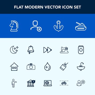 Modern, simple vector icon set with ship, liquid, tank, bell, player, chess, horse, house, game, army, gun, ring, moon, button, drop, night, war, architecture, rewind, machine, sewing, abstract icons