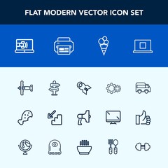 Modern, simple vector icon set with bus, plane, speaker, arrow, cream, war, dessert, falling, meal, upstairs, online, chicken, loudspeaker, call, downstairs, internet, up, direction, food, down icons