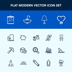 Modern, simple vector icon set with home, lamp, money, crane, oar, fast, delivery, blank, internet, search, transportation, interior, concept, bank, package, car, frame, chair, oil, finance, gas icons