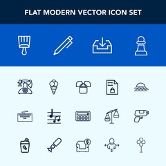 Modern, simple vector icon set with music, work, ball, vintage, white, phone, landscape, nature, list, web, shirt, game, ice, brush, sunrise, fashion, button, telephone, keyboard, supermarket icons