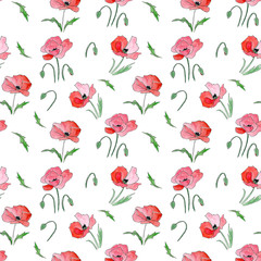 Red poppies pattern. Seamless floral background. Fabric floral pattern. Textile pattern template. 
Red flowers. Watercolor floral background. Wedding invitation design.