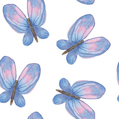 Fototapeta na wymiar Watercolor illustration. Seamless pattern from stylized blue butterflies on a white background