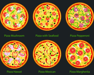 Set of pizza with different ingredients. Vector flat pizza on black background.