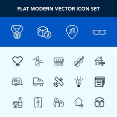Modern, simple vector icon set with love, prize, beauty, fun, estate, roller, musical, success, fashion, red, aircraft, airplane, white, makeup, sunglasses, win, traffic, curtain, package, sun icons