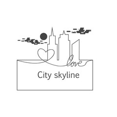 Silhouette of the city and heart and love and sun and cloud in continuous drawing lines in a flat style. Modern urban landscape. Vector illustrations. City skyscrapers building office horizon