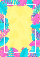 Summer Tropical palm leaves, plants in trandy paper cut style. White vertical rectangular frame on exotic blue pink leaves on pink background Hawaiian summer time. Vector card illustration