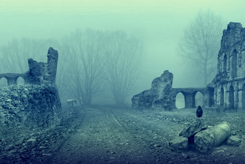 Ruiny starego pałacu w tajemniczym i mglistym nastroju