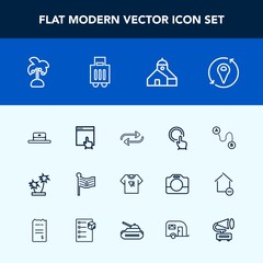 Modern, simple vector icon set with button, change, airport, cap, destination, click, national, hat, business, palm, point, location, flag, concept, america, replace, summer, tropical, print icons
