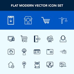 Modern, simple vector icon set with trolley, name, hot, van, door, escape, sky, payment, service, support, center, exit, web, home, market, shop, sign, download, air, team, identity, retro, saw icons