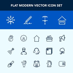Modern, simple vector icon set with speaker, string, screen, house, internet, microphone, loud, pub, instrument, call, scale, mobile, folk, architecture, fahrenheit, support, account, building icons