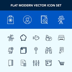 Modern, simple vector icon set with chef, furniture, sea, interior, eiffel, bed, seafood, bedroom, light, fish, buy, fashion, ventilator, camera, retail, game, web, cook, food, chief, bowling icons