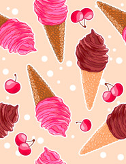 Seamless sweet pattern with berry and chocolate icecream cones, sweet cherries in cartoon style