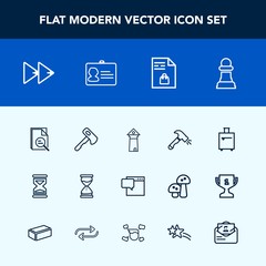 Modern, simple vector icon set with shovel, chess, equipment, strategy, europe, bubble, music, player, message, hour, tool, timer, axe, chat, screwdriver, hammer, construction, identification icons