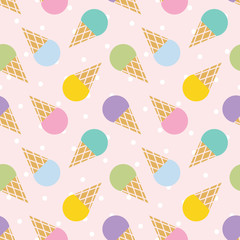 Cute seamless pattern background with ice cream cones and dots.
