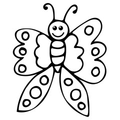 Thin line doodle butterfly, cartoon happy bug isolated on white background. Vector illustration.