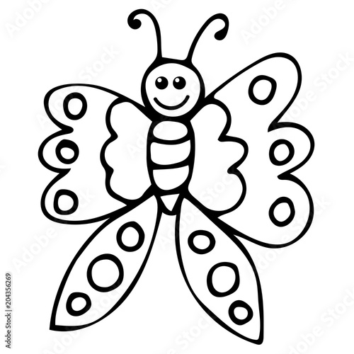 Thin Line Doodle Butterfly Cartoon Happy Bug Isolated On