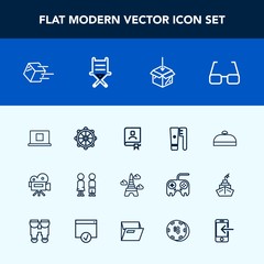Modern, simple vector icon set with hygiene, nautical, landmark, address, paris, delivery, upload, clean, rudder, eye, wheel, retro, armchair, boy, standing, helm, suitcase, movie, trip, bag icons