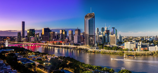 Panoramic day and night areal image of Brisbane CBD and South Bank, Australia - obrazy, fototapety, plakaty