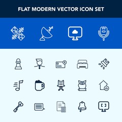 Modern, simple vector icon set with projection, strategy, sound, armchair, success, game, karaoke, music, coffee, global, double, movie, gold, chair, money, video, chessboard, satellite, mug icons