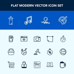 Modern, simple vector icon set with musical, cocktail, planet, stick, string, glass, legal, flag, web, phone, photo, paper, instrument, europe, office, technology, camera, internet, summer, moon icons