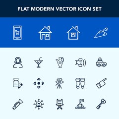 Modern, simple vector icon set with girl, lady, movie, building, young, web, cocktail, pharmacy, bag, video, estate, suitcase, medical, app, shovel, button, luggage, health, arrow, face, glass icons