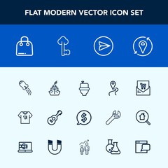 Modern, simple vector icon set with technology, musical, list, location, retail, , email, circle, navigation, receipt, internet, rocket, guitar, craft, wc, lock, space, fashion, communication icons