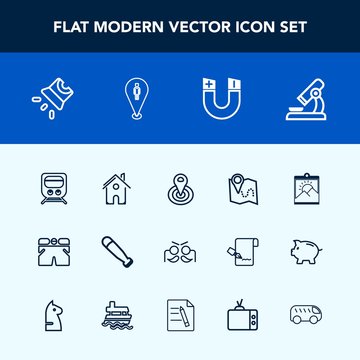 Modern, simple vector icon set with fashion, sport, radius, video, location, white, wear, point, microscope, template, holiday, projection, field, science, festival, photo, carnival, wood, bat icons