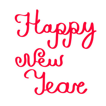 Colorful Happy New Year greeting card with red lettering, words. Vector illustration.