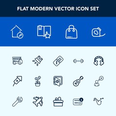 Modern, simple vector icon set with property, play, security, gym, exercise, workout, vehicle, festival, game, sport, movie, technology, projection, growth, friction, video, projector, bank, row icons