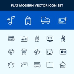 Modern, simple vector icon set with dumper, customer, tune, spy, internet, tipper, fun, vision, coffee, money, musical, roller, glasses, uniform, pc, marketing, music, watch, computer, drink icons