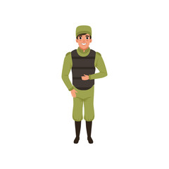 Army trooper wearing green uniform, cap and bulletproof vest. Member of armed forces. Colorful flat vector design