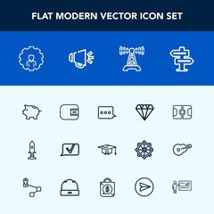 Modern, simple vector icon set with speaker, soccer, diamond, jewelry, education, mobile, football, dont, doorknob, crystal, graduation, university, bank, stadium, internet, account, school, web icons