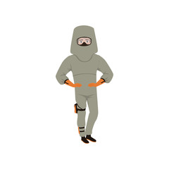 Man in advanced bomb suit and helmet. Explosive ordnance disposal technician. Dangerous profession. Flat vector design