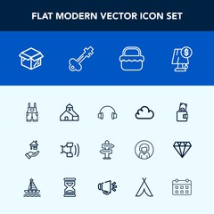 Modern, simple vector icon set with building, house, picnic, food, music, direction, stereo, vintage, purse, interior, lamp, rent, new, mobile, money, way, dollar, technology, lock, summer, box icons