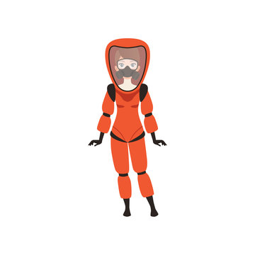 Woman in red protective costume and gas mask. Protection from radiation hazard. Flat vector illustration