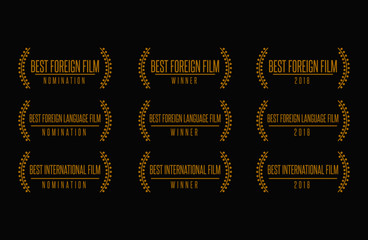 Movie award best foreign language film international nomination winner black gold vector icon set